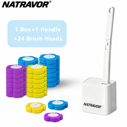 NATRAVOR™ Disposable Toilet Brush, Toilet Bowl Wand Holder Set with 24PCS Cleaner Refills, Bathroom Cleaning System for Sink Bathtub Drain Wash Basin Urinal，Wall-Mount Scrubbing Toilet Brush Bathroom Cleaning Kit