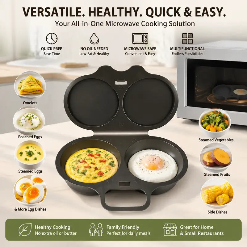 🍳 BUY 1 GET 1 FREE! ✨ Dual Cavity Microwave Egg Poacher – Quick Oil-Free Cooking, Food-Grade PP & Versatile Kitchen Essential 💫