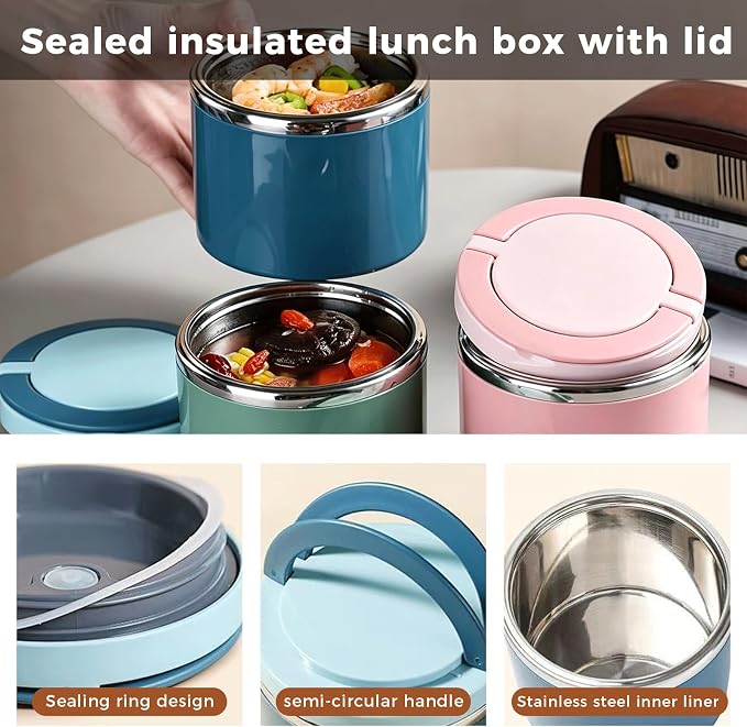 Stainless Steel Bento Style Boxed Lunch Box with Handle - Leakproof
