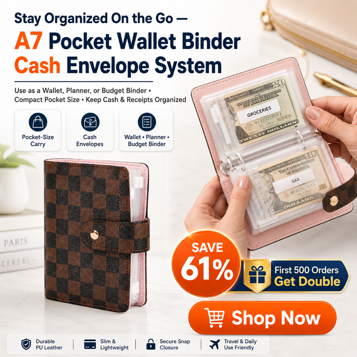 👛Checkered Pocket A7 Budget Mini Binder Wallet Planner Notebook with Money Stuffing Zip Envelopes👛