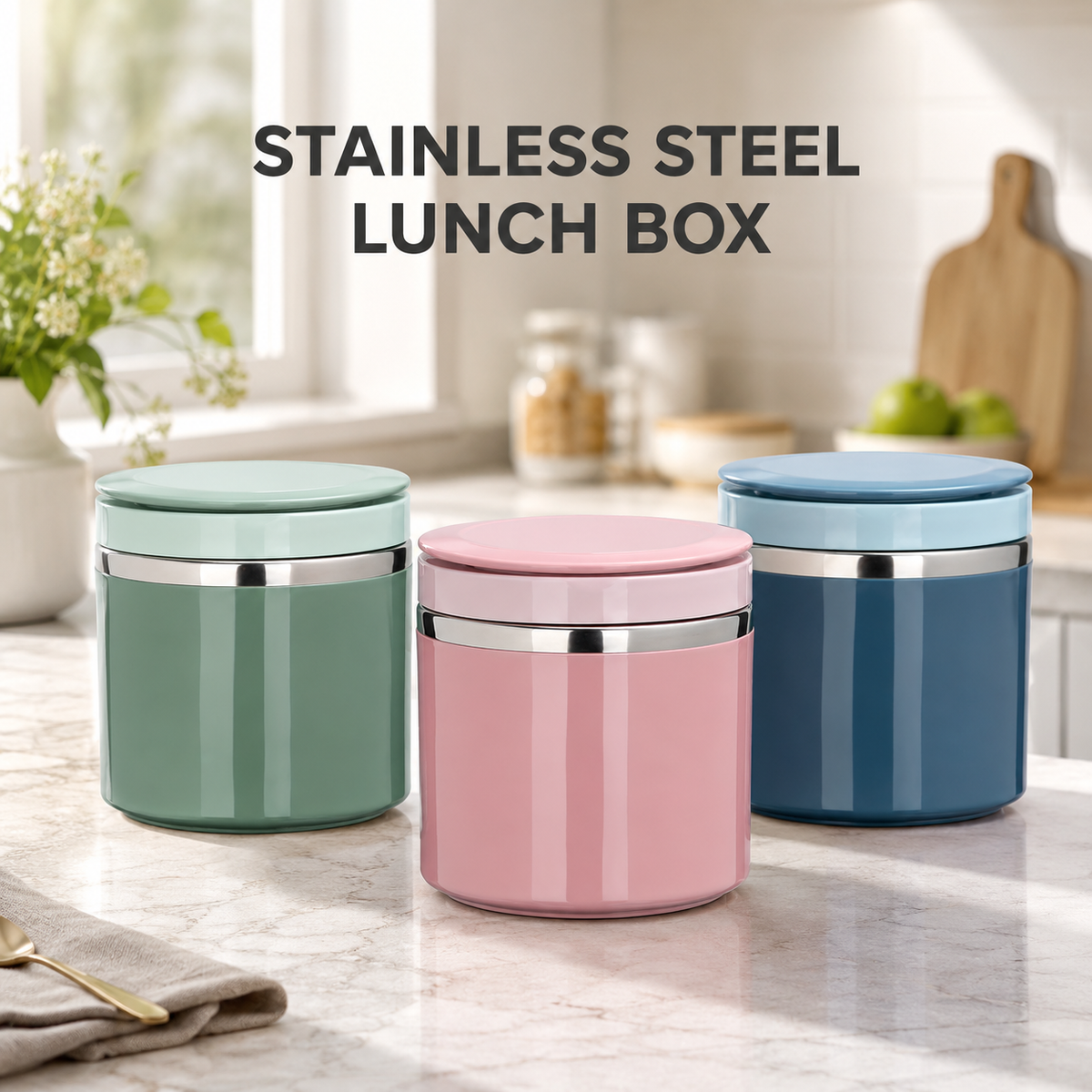 Stainless Steel Bento Style Boxed Lunch Box with Handle - Leakproof