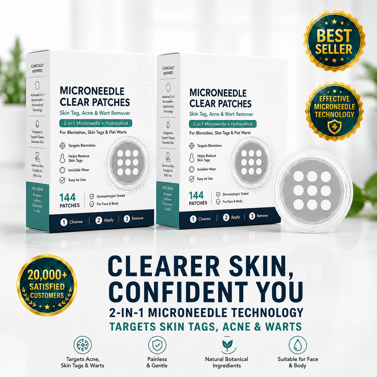 ✨2-in-1 Microneedle & Hydrocolloid Patch🍀| Removes Raised Moles, Acne, Flat Warts & Skin Tags | Helps Improve Wrinkles, Scars & Blemishes | Invisible Patches for Face & Body